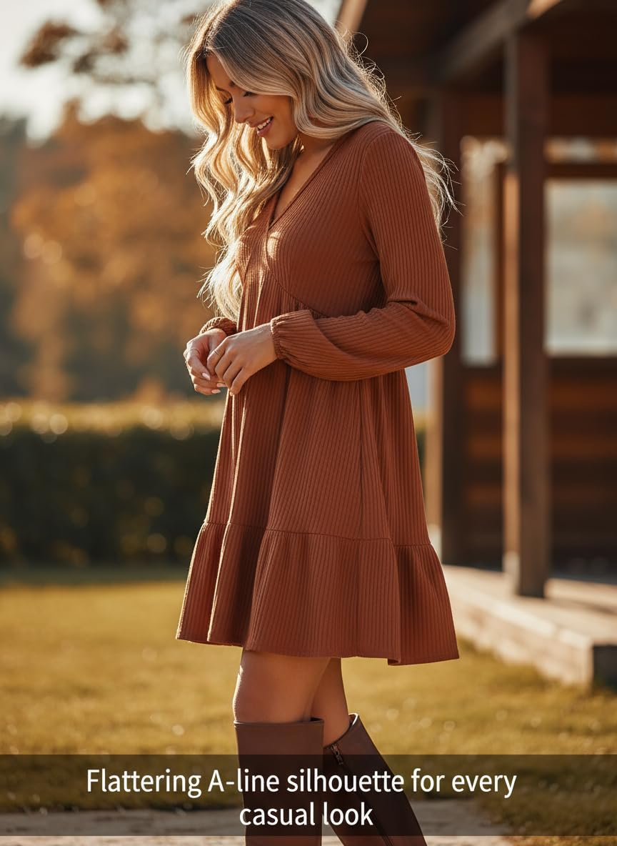 Dokotoo Wedding Guest Dresses for Women Long Sleeve V Neck Ribbed Knit Empire Waist Ruffle Tiered Casual Flowy A Line Swing Mini Holiday Party Dress Sprng Summer Outfits Fashion 2026 Brown Large