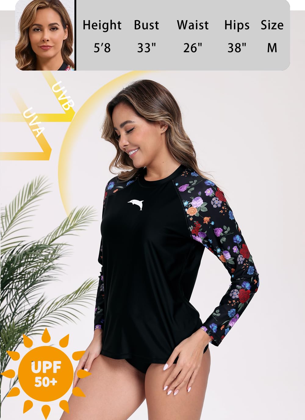 Halcurt Womens Long Sleeve Rash Guard Swim Shirts with Built in Bra UPF50+ Sun Protection Swimsuit Top Black Red Pink Floral M