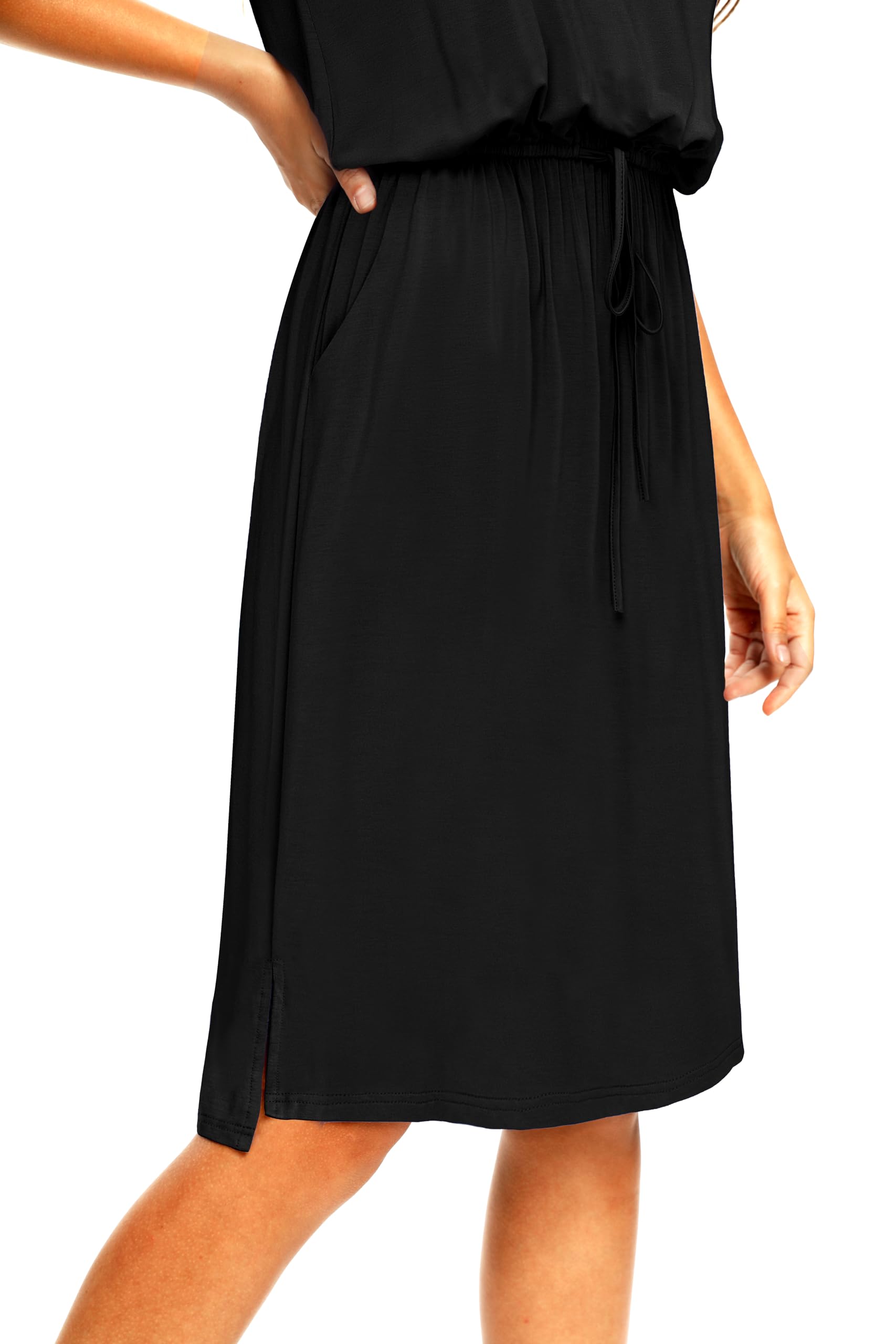 Women Summer Spring Short Sleeve Pocket Travel Tshirt Midi Knee Modest Work Casual Dress Teacher Funeral Outfits Black L
