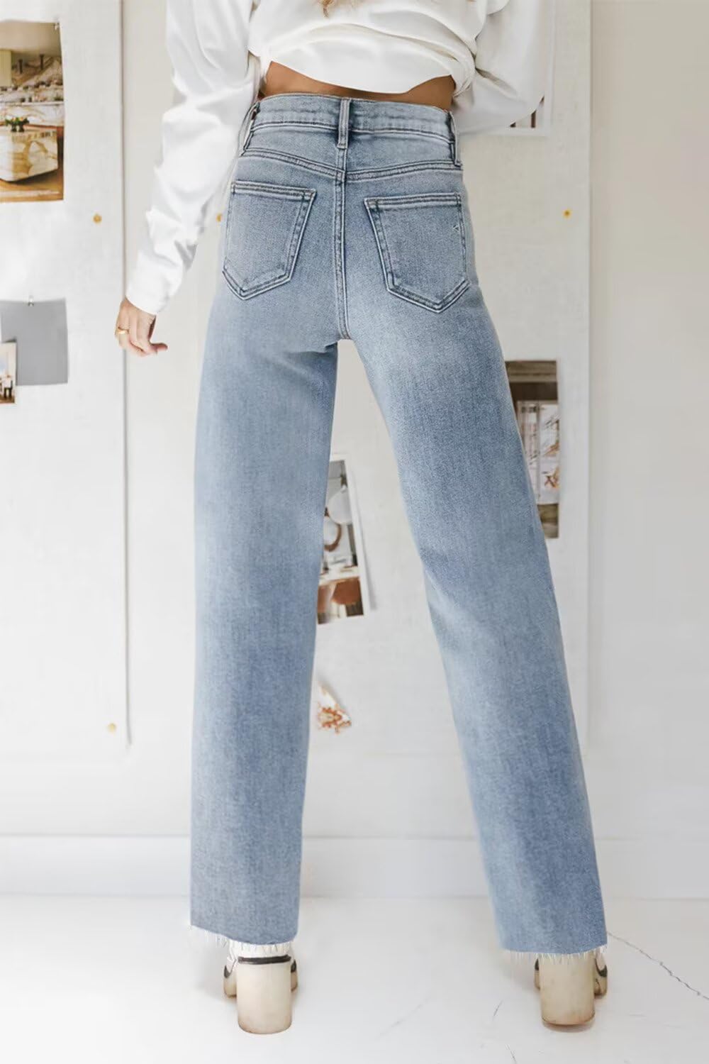 KDF Straight Leg Jeans for Women High Waisted Frayed Baggy Pants, Raw Hem, Loose, Stretchy Cropped Wide Leg, Light Blue, Size 8