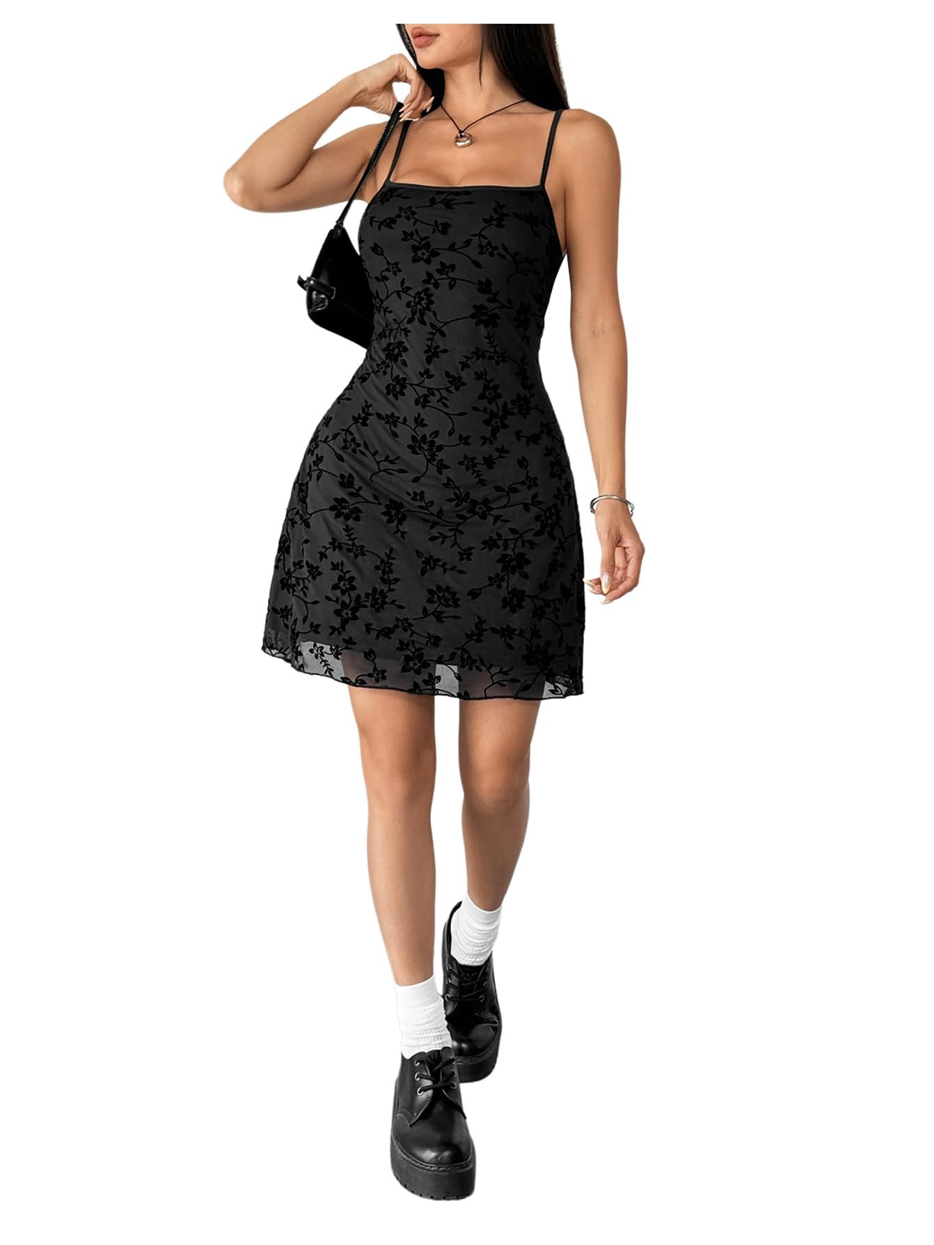 Verdusa Women's Mini Dress Floral Spaghetti Strap Mesh Short Dresses Going Out Sundress Y2k Gothic Clothes Dark Black Medium