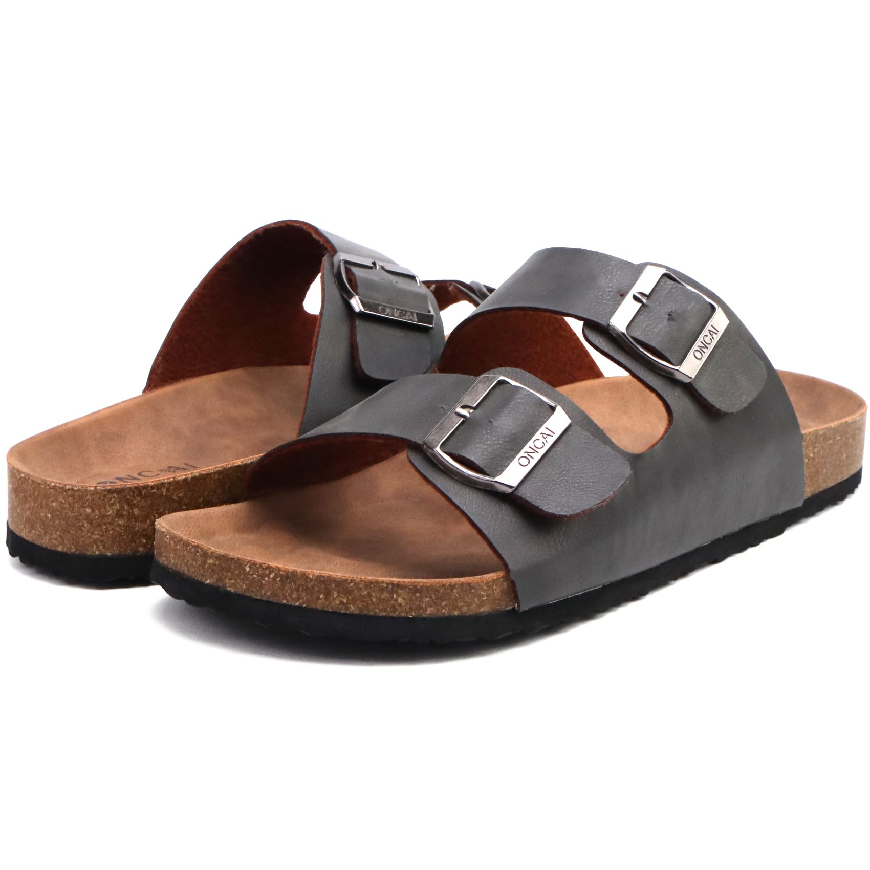 ONCAI Mens Slide Sandals，Adjustable Buckle Straps Arch Support Cork Footbed Slippers for Men 2026 Comfortable Casual Summer Beach non Slip Slides Shoes Grey Size 10
