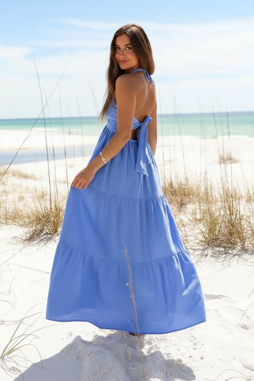 AmySister Women's Casual Summer Halter Tiered Vacation Beach Midi Dress with Pockets Azure XS