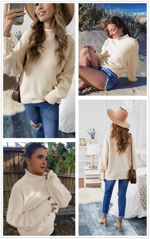 Dokotoo Fall Sweaters for Women 2025 Batwing Long Sleeve Turtleneck Sweaters Solid Autumn Basic Casual Halloween Sweaters Loose Oversized Chunky Knit Pullovers Sweaters Jumper Beige Blouses Medium