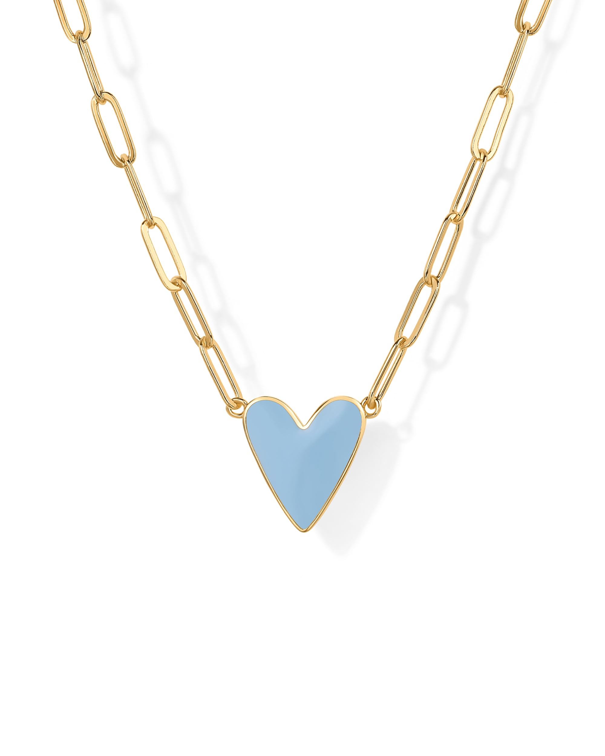 PAVOI 14K Yellow Gold Plated Heart Blue Enamel Pendant Necklace for Women | Love Paperclip Chain Necklaces | Blue Enamel Heart Pendants - Valentines Day Trendy Jewelry