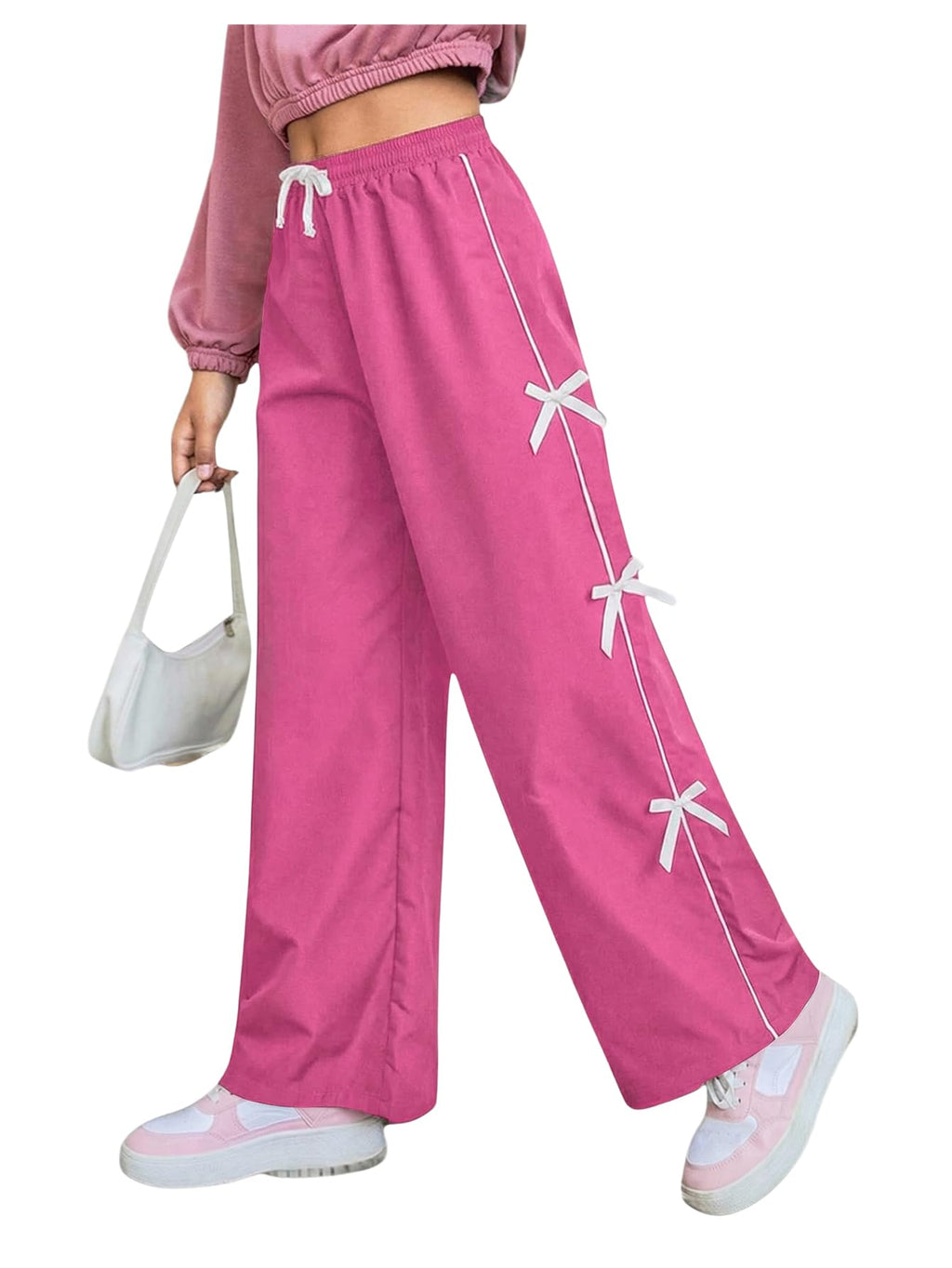 WDIRARA Girl's Bow Side Waist Track Pants Cute Wide Leg Trousers Hot Pink White 10Y