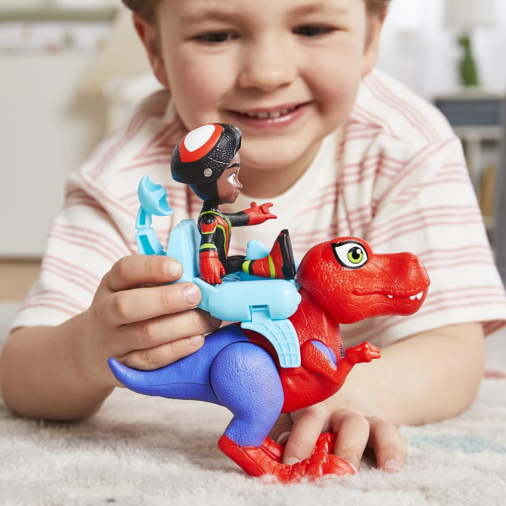 Marvel Spidey and His Amazing Friends Dino-Webs Spidey-Rex & Miles “Spin” Morales 4-inch-Scale Spider-Man Action Figure Set, Toys for Kids