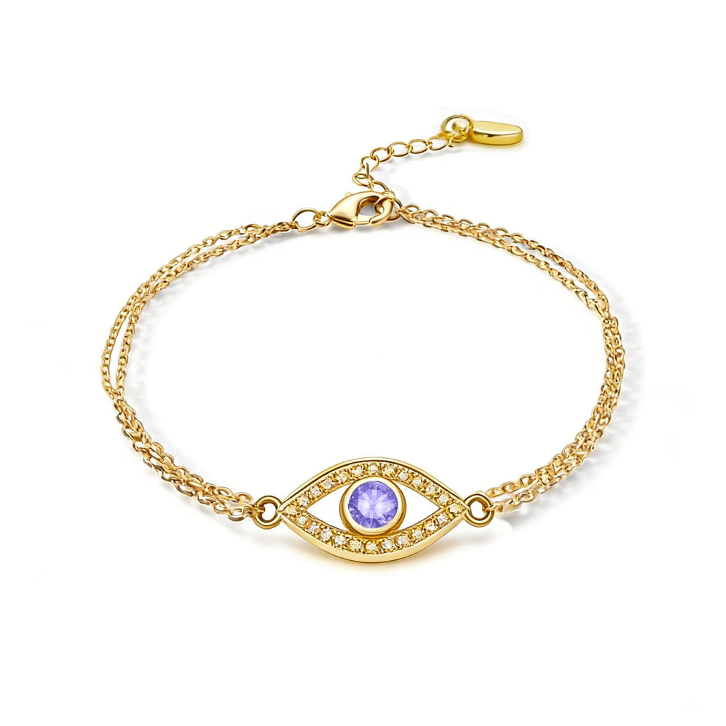 Midari June Light Violet Gemstone Birthstone Double Chain Bracelet for Women 18K Gold Plating Evil Eye Jewelry Birthday Gifts for Wife Her Daughter Mom