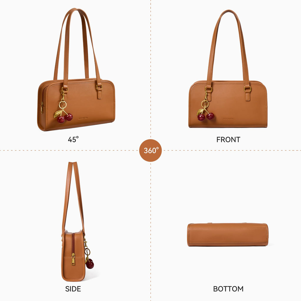BOSTANTEN Shoulder Bag for Women Vegan Leather Purse with Cherry Charm Medium Handbag with Zipper for Daily Use, Brown