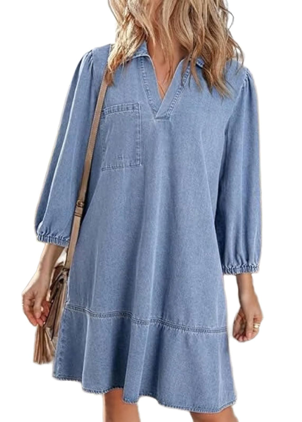 CHARTOU Women 3/4 Sleeve Ruffle Denim Dress Summer Collared V Neck Loose Shirt Jean Dress with Pockets (Large, Light Blue)