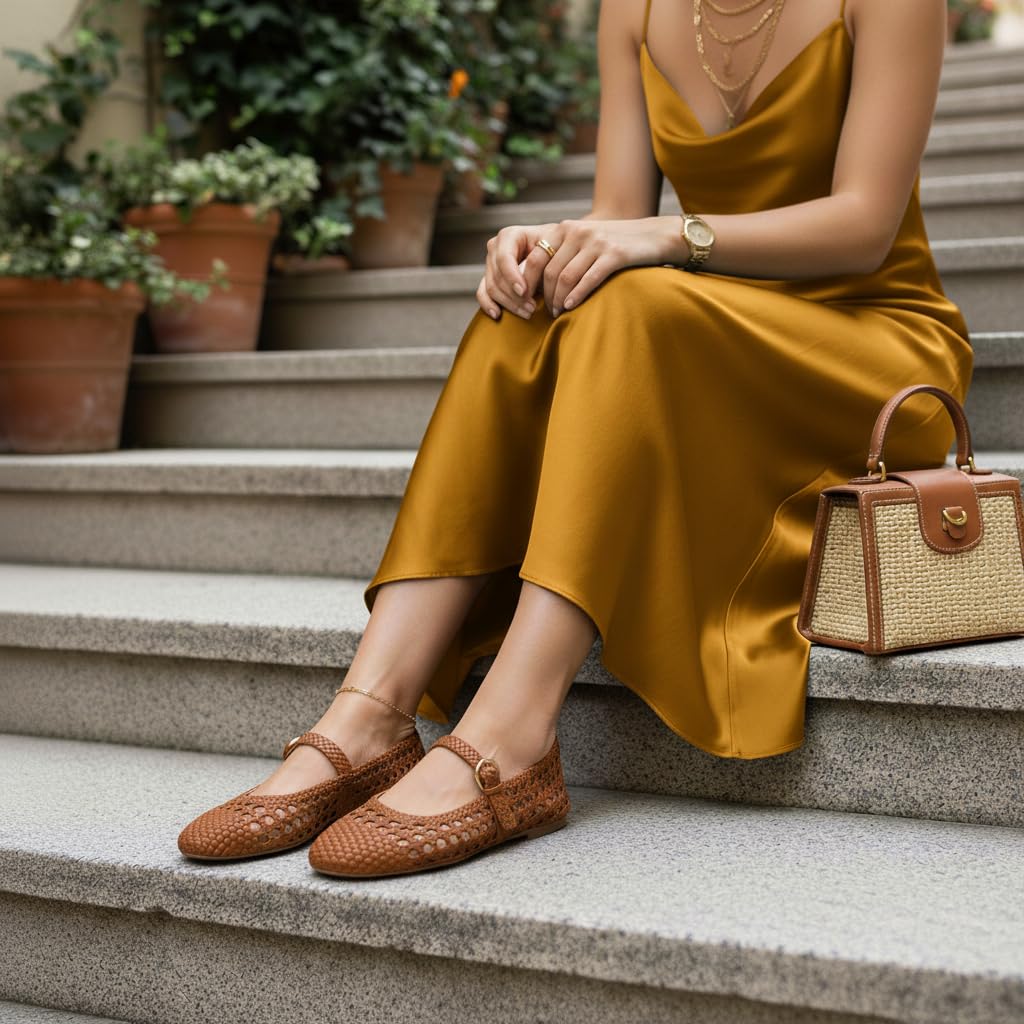 CUSHIONAIRE Windsor Woven Womens Flats with Adjustable Strap – Comfortable Mary Jane Ballet Flats for Women, Cognac 8.5