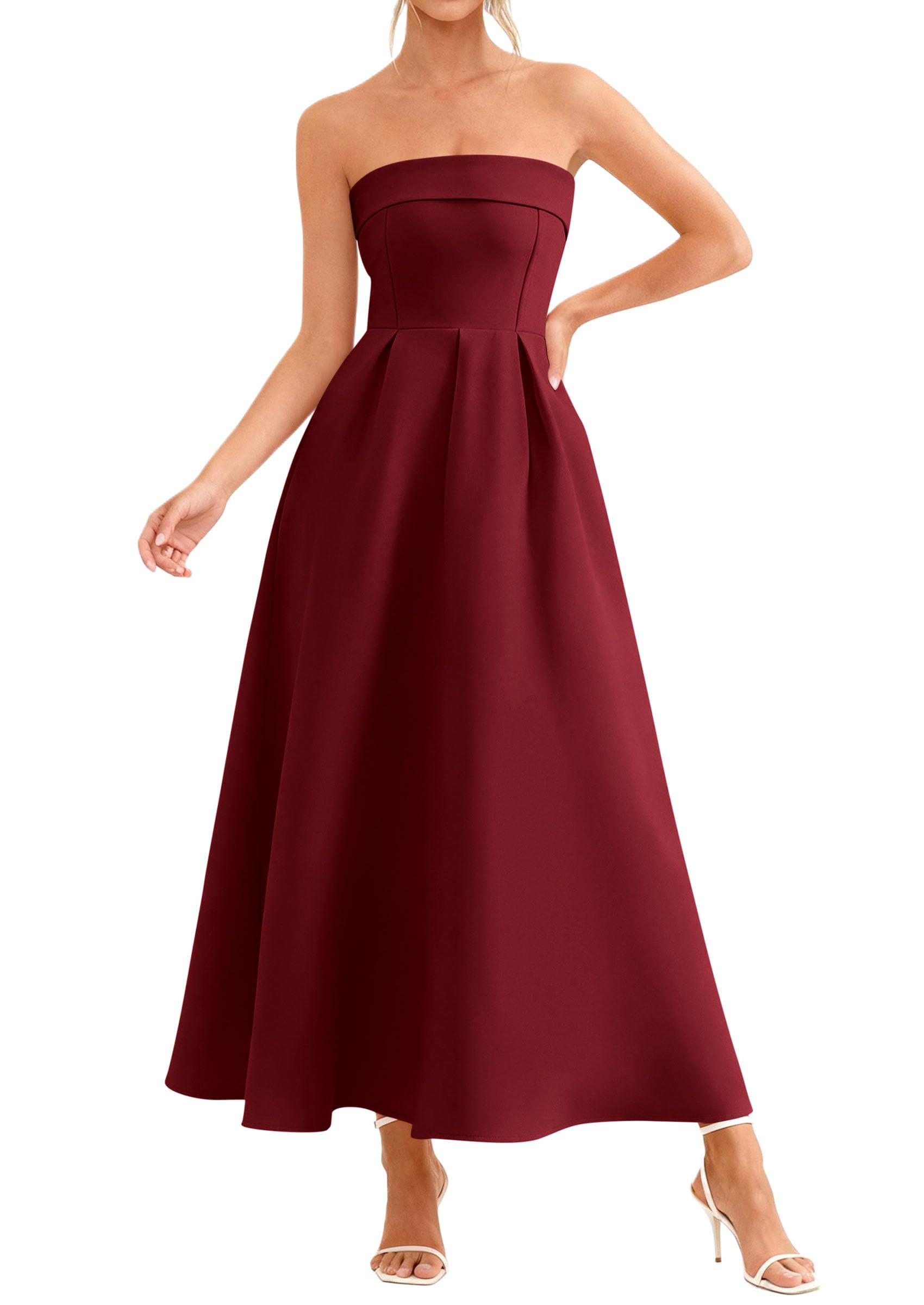 PRETTYGARDEN Cocktail Dresses for Women 2026 Summer Formal Elegant Tube Top Strapless Spring Wedding Guest Party Midi Dress(Burgundy,Medium)