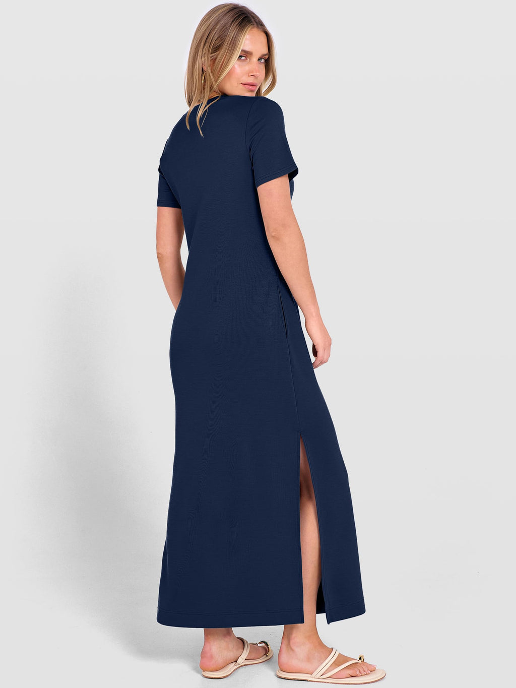 ANRABESS Womens Summer Casual Maxi Dress Short Sleeve Crewneck Split Wrinkle-Free Travel Long Sundress Beach Vacation Clothes Navy Blue Large
