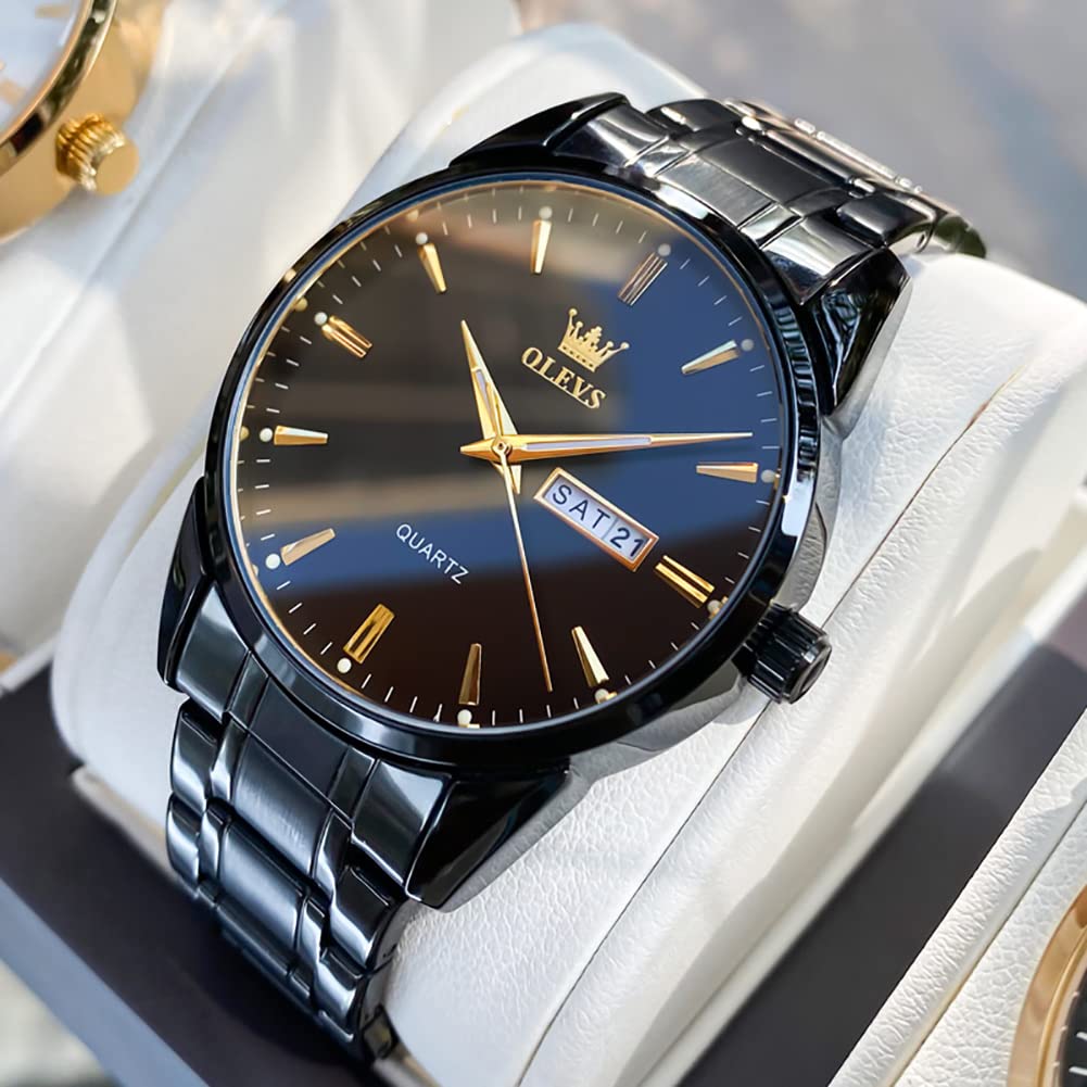 OLEVS Watch Men Black Analog Stainless Steel Watches for Mens Luxury Original Dress Business Waterproof Luminous Big Face Dressy Classic Quartz Watch