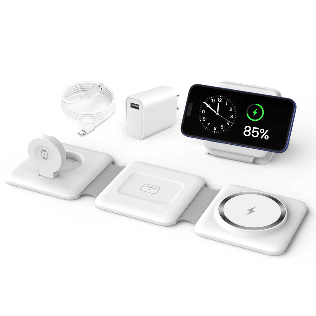 Charging Station for Apple Multiple Devices - 3 in 1 Foldable Magnetic Wireless Charger Dock - Travel Charging Pad for iPhone 16 15 14 13 12 Pro Max Plus Watch & Airpods