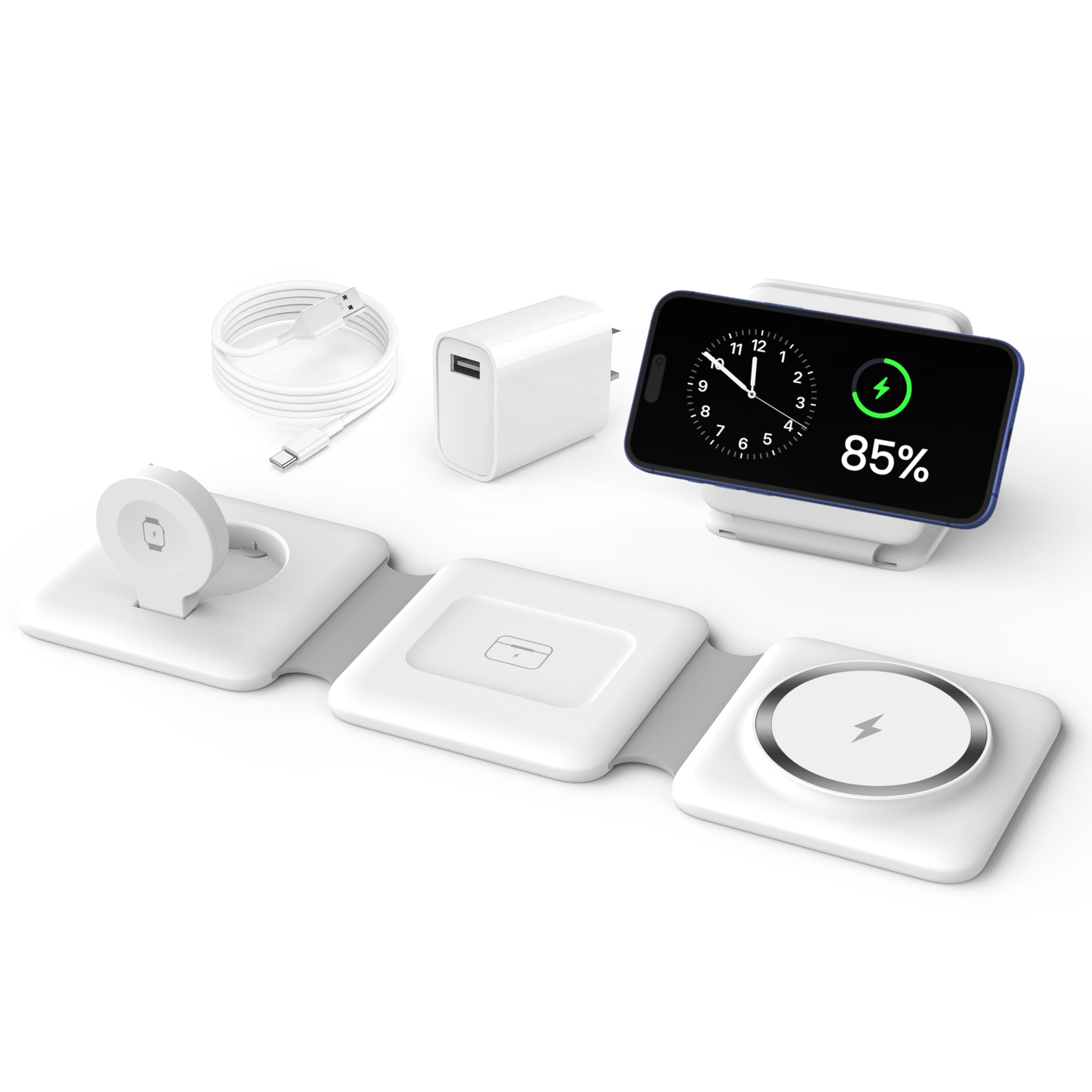 Charging Station for Apple Multiple Devices - 3 in 1 Foldable Magnetic Wireless Charger Dock - Travel Charging Pad for iPhone 16 15 14 13 12 Pro Max Plus Watch & Airpods