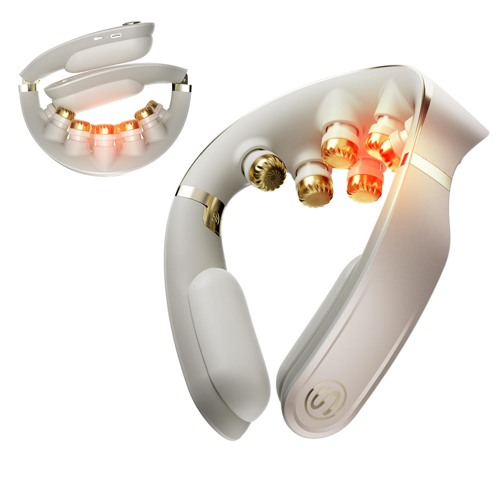 SKG Foldable Neck Massager for Pain Relief Deep Tissue Vibration Cordless Travel Massager,Portable 3D Neck Massager for Office Home Car Travel Gold Titanium Neck Massager 3.0 Valentine Gifts
