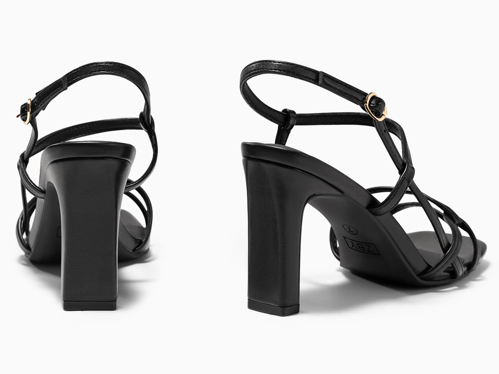 Coutgo Womens Chunky High Heels Strappy Sandals Square Open Toe Ankle Strap Wedding Party Dress Shoes, Black, Size 8