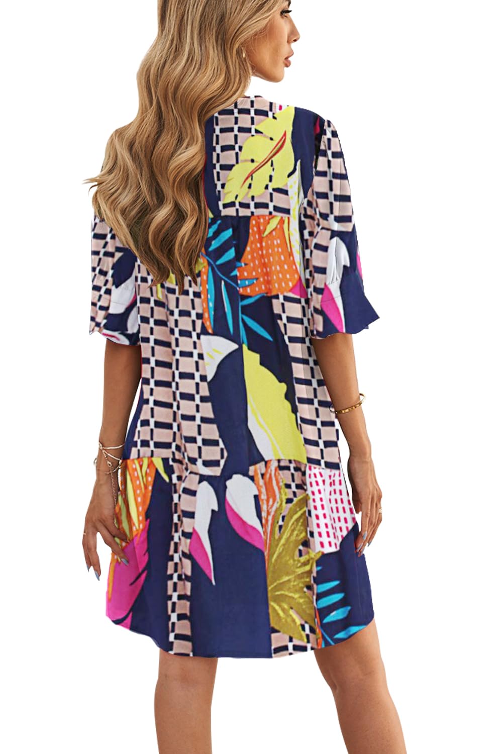 QACOHU 2026 Dress for Womens Summer Tunic V Neck Casual Loose Flowy Swing Shift Dress Geometry L