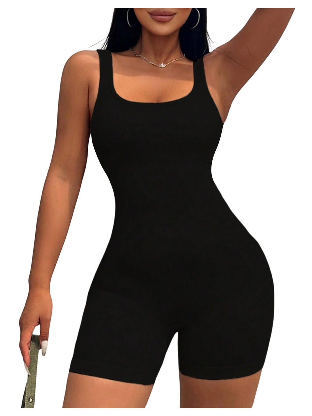 WDIRARA Women's Workout Romper Gym Yoga Unitard Square Neck One Piece Shorts Jumpsuit Black X-Small