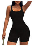 WDIRARA Women's Workout Romper Gym Yoga Unitard Square Neck One Piece Shorts Jumpsuit Black X-Small
