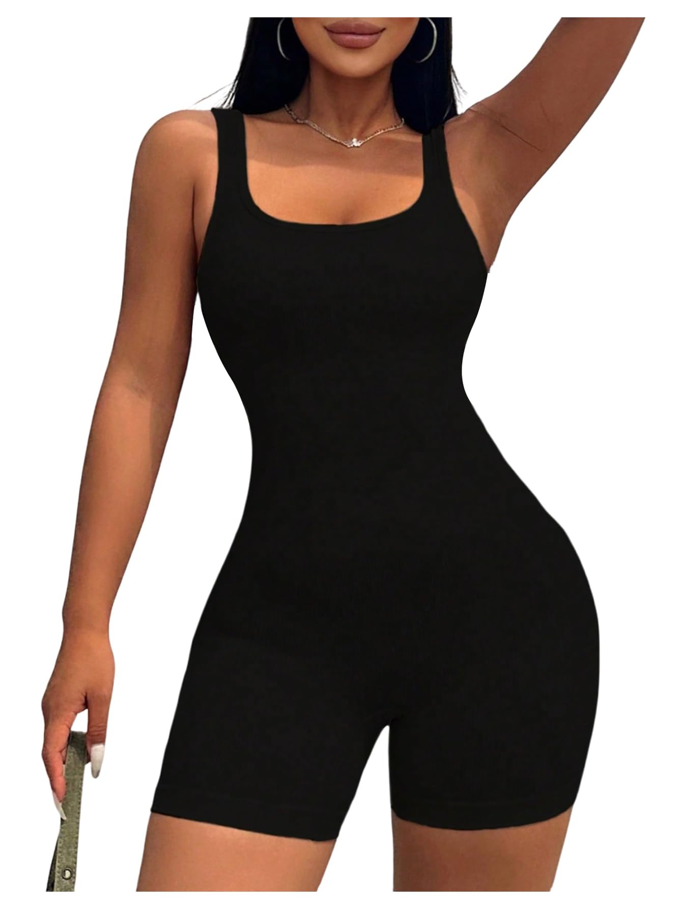 WDIRARA Women's Workout Romper Gym Yoga Unitard Square Neck One Piece Shorts Jumpsuit Black X-Small