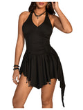 WDIRARA Women's Punk Halter Mini Dress Western Asymmetrical Ruffle Sleeveless Drawstring Ruched A Line Dresses Black Dark Large