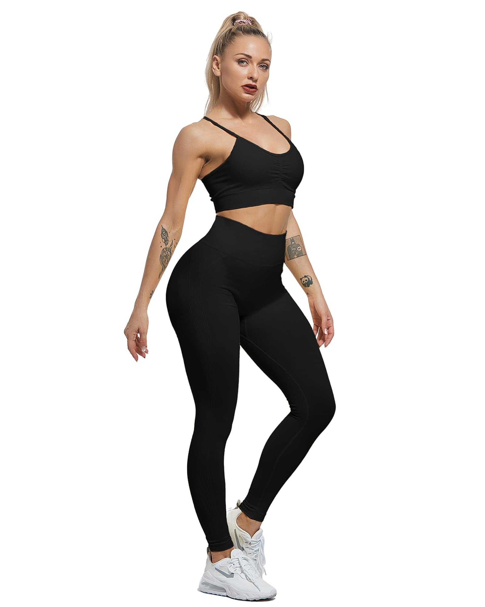 CHRLEISURE Workout Leggings Sets for Women, Gym Scrunch Butt Butt Lifting Seamless Leggings 3 Piece (3*Black, L)