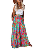 Trendy Lightweight Drawstring Tiered Ruffles Paisley Hippie Plus Size Bohemian Long Maxi Skirt with Deep Pockets Office Music Festival Travel Picnic Dating Fall Outfits Multicolor Abstract Wave L
