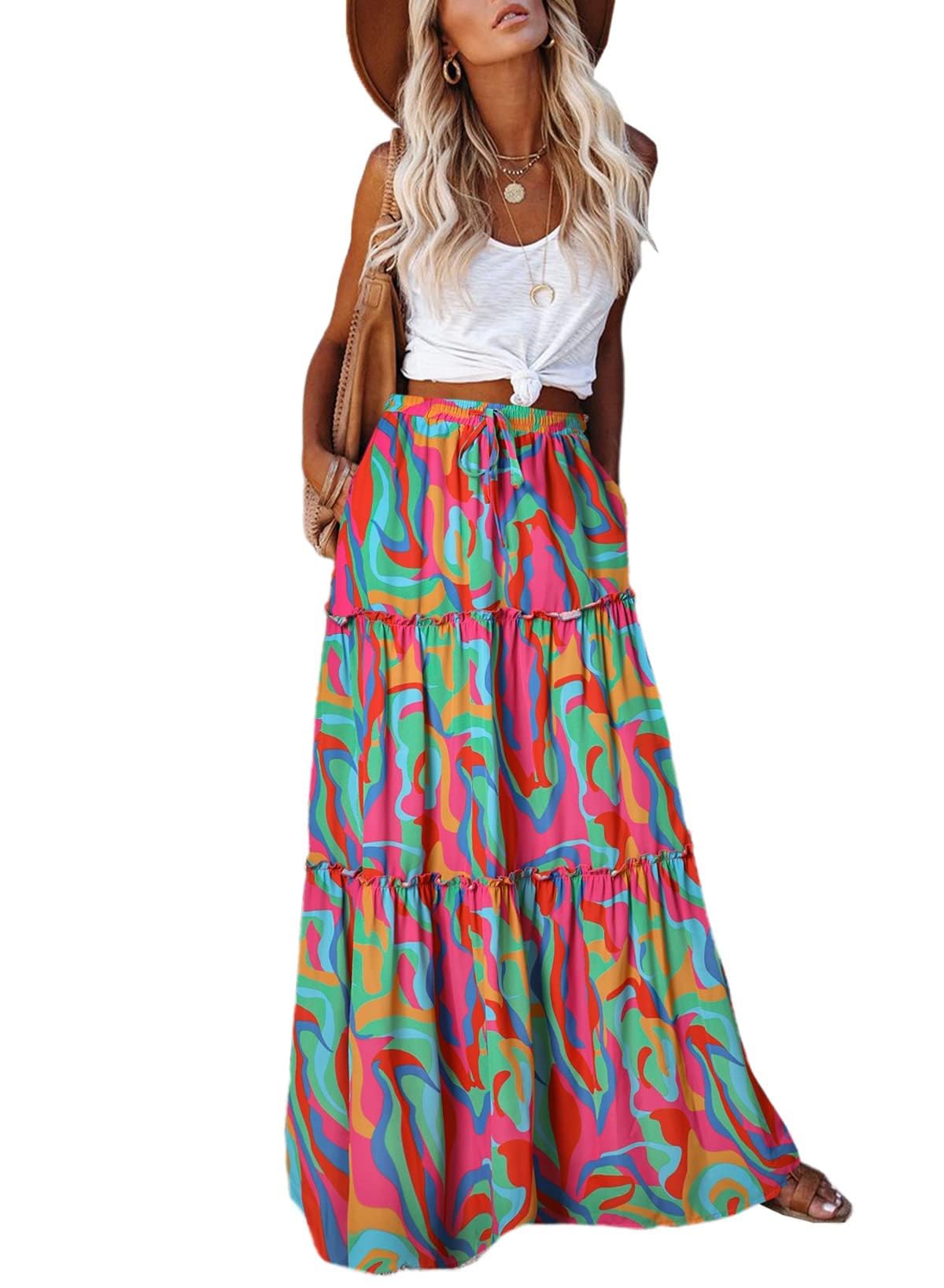 Trendy Lightweight Drawstring Tiered Ruffles Paisley Hippie Plus Size Bohemian Long Maxi Skirt with Deep Pockets Office Music Festival Travel Picnic Dating Fall Outfits Multicolor Abstract Wave L
