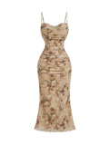 GORGLITTER Women's Floral Spring Summer Wedding Guest Dress Bridal Shower Cocktail Tea Party Beach Midi Sun Dress 2026 Brown Small