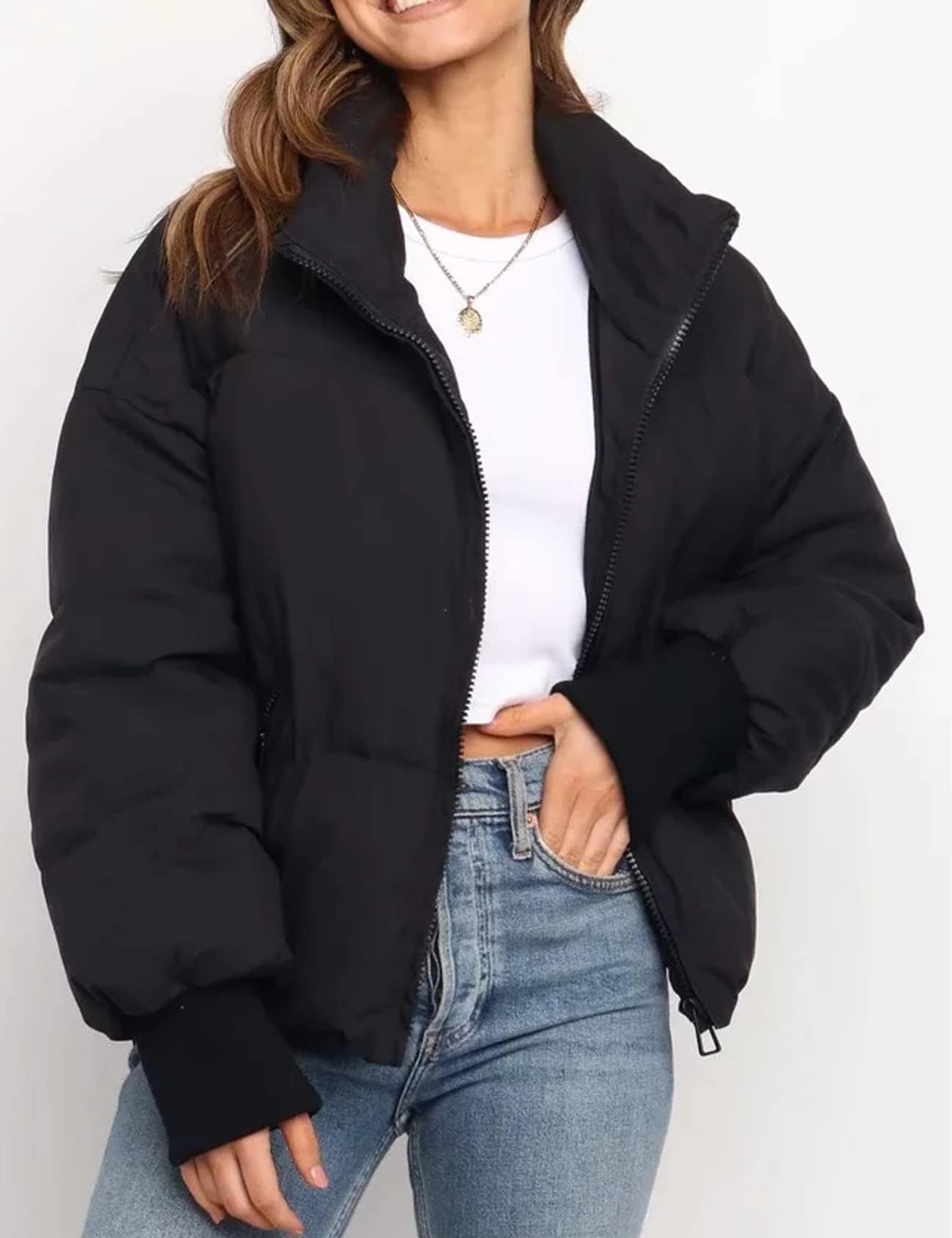Gihuo Women’s Winter Cropped Puffer Jacket Coat Short Warm Quilted Jacket(Black-M)