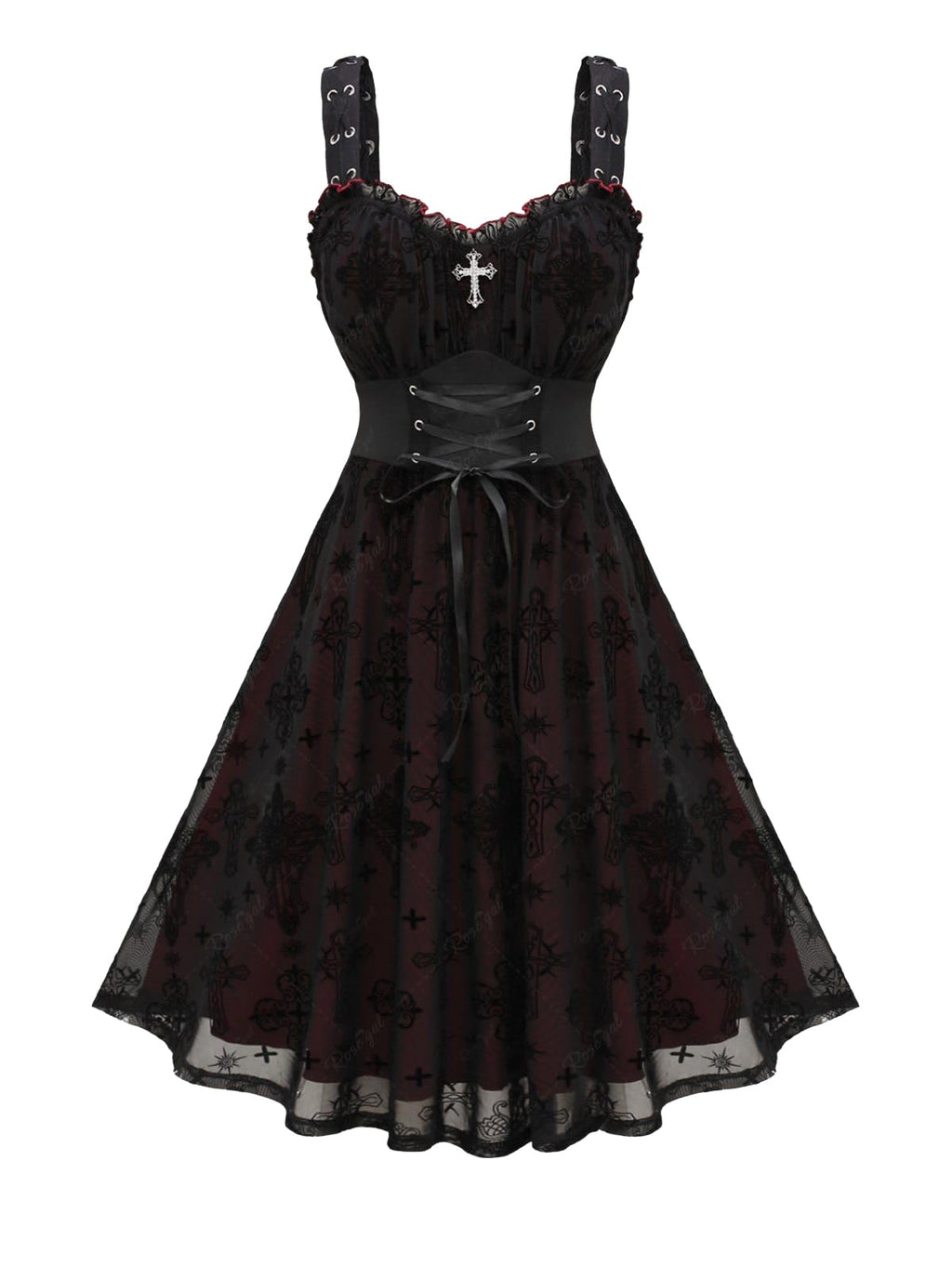 ROSE GAL Women Plus Size Gothic Lace-up Cross Mesh Overlay Lace Panel Ruffles Midi Dress Vinatge Goth Straps A Line Dress(Black_1/4X)