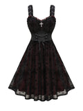 ROSE GAL Women Plus Size Gothic Lace-up Cross Mesh Overlay Lace Panel Ruffles Midi Dress Vinatge Goth Straps A Line Dress(Black_1/4X)