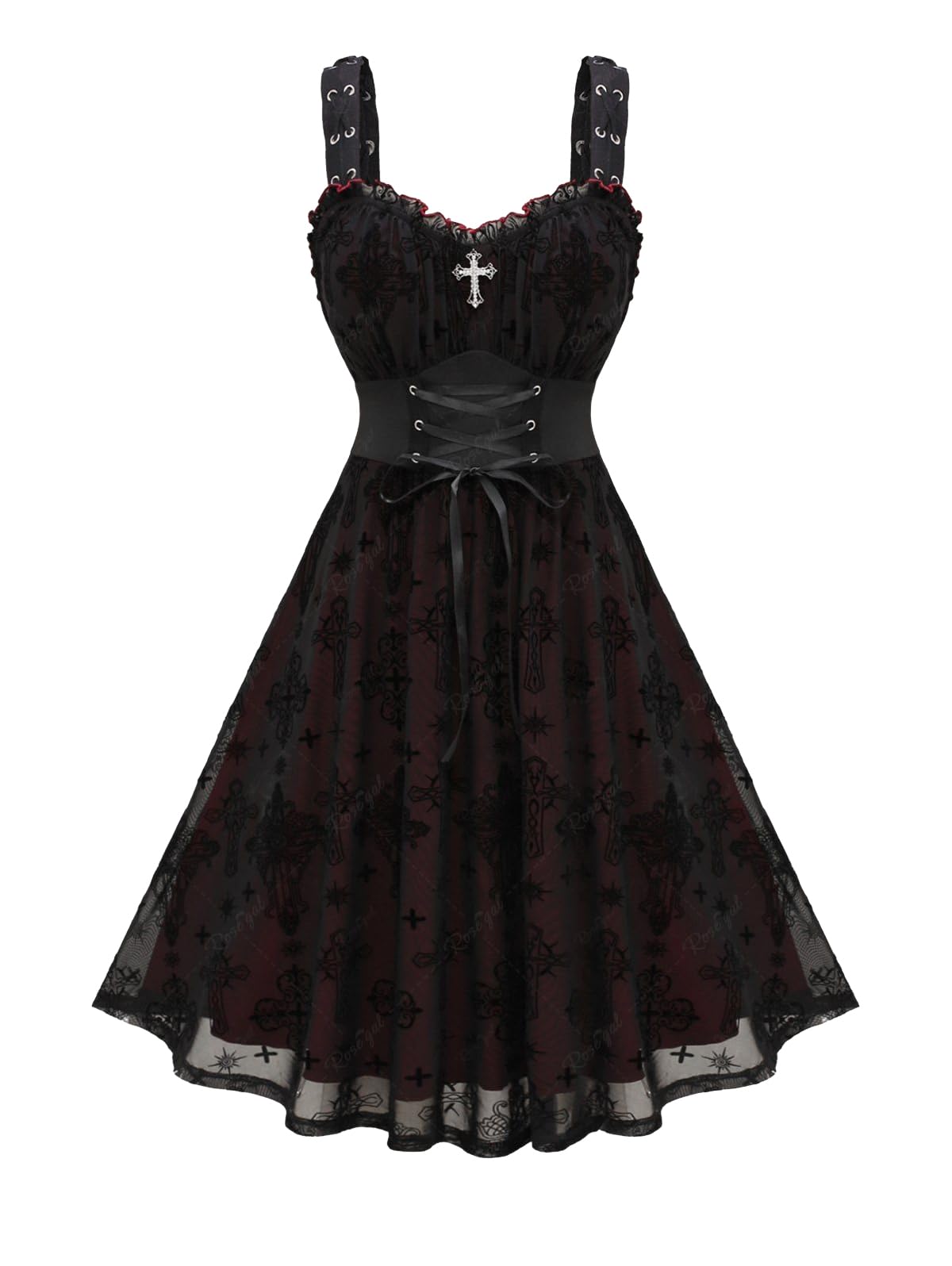 ROSE GAL Women Plus Size Gothic Lace-up Cross Mesh Overlay Lace Panel Ruffles Midi Dress Vinatge Goth Straps A Line Dress(Black_1/4X)