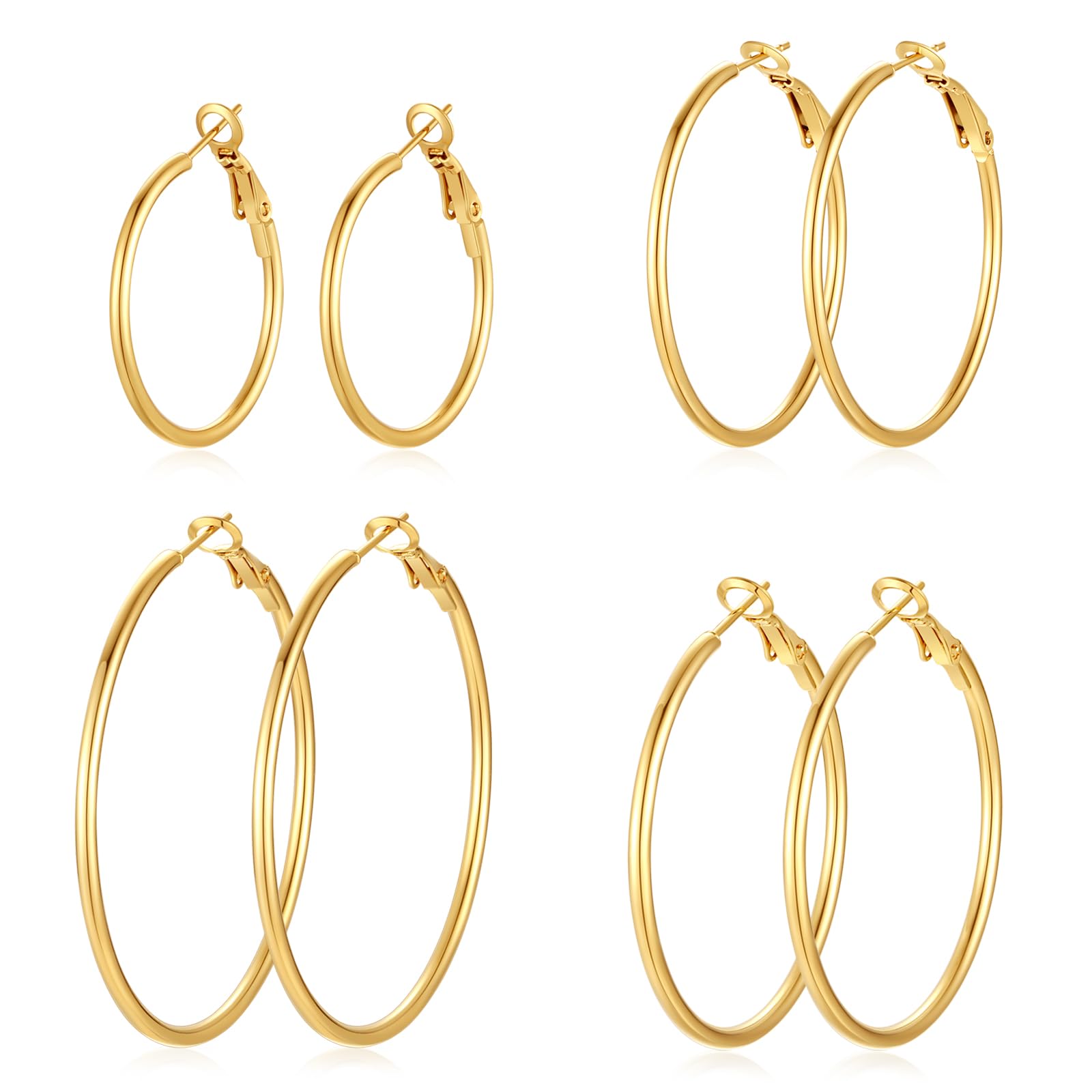 PICKBEAU Gold Large Hoop Earrings for Women | 14K Real Gold Plated Hypoallergenic Big Round Circle Hoops Women's Loop Earrings Set for Women(30/40/50/60mm)