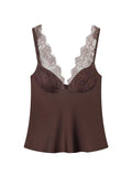 WDIRARA Women's Lace Trim Satin Blouses Elegant Sleeveless Deep V Neck Dressy Casual Tops Brown Large