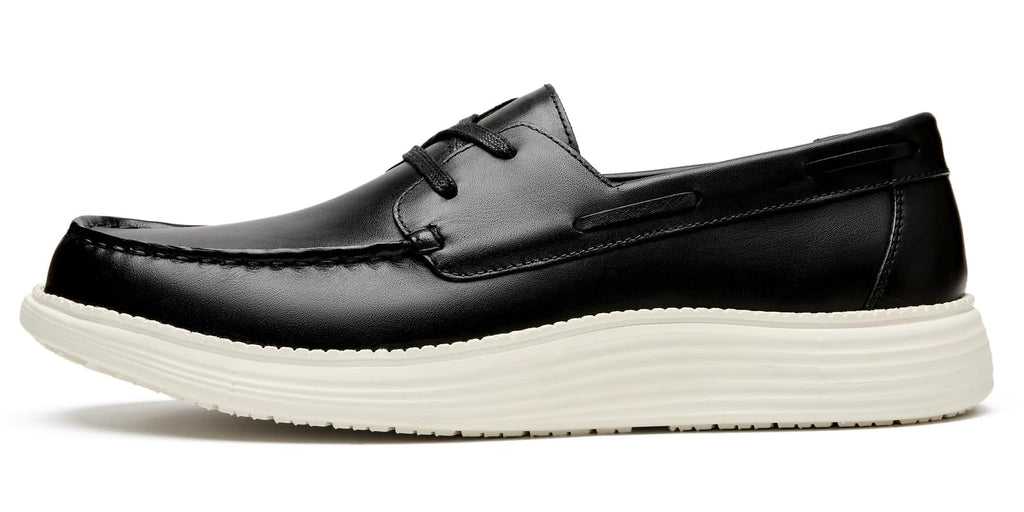 Journey West Men's Lightweight Leather Boat Loafers Dress Sneakers, Business Casual Slip-on Loafers Shoes, Genuine Leather Breathable Walking Shoes Black US 10