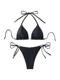 WDIRARA Women's Polka Dots Bikini Sets Halter Triangle String Swimsuit Tie Side 2 Piece Bathing Suit Black and White Medium
