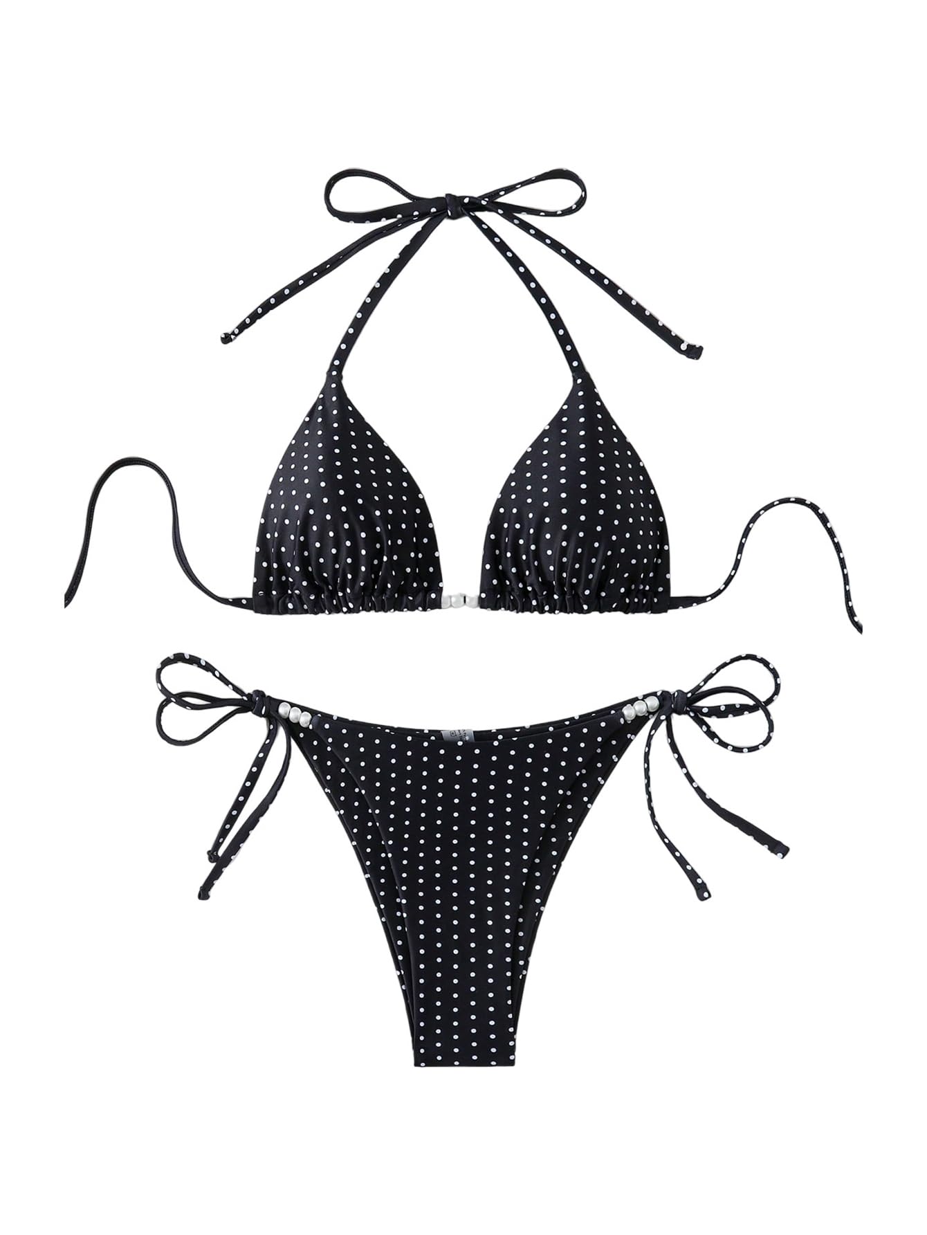 WDIRARA Women's Polka Dots Bikini Sets Halter Triangle String Swimsuit Tie Side 2 Piece Bathing Suit Black and White Medium