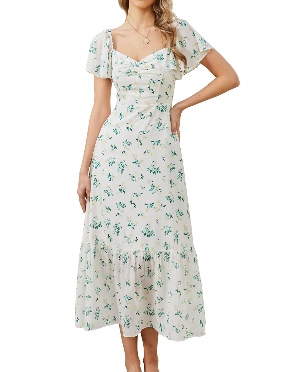 GLNEGE Women's 2026 Summer Midi Floral Boho Dresses Casual Flowy Beach Short Sleeve Dress Ruffle Hem Smocked Sundresses