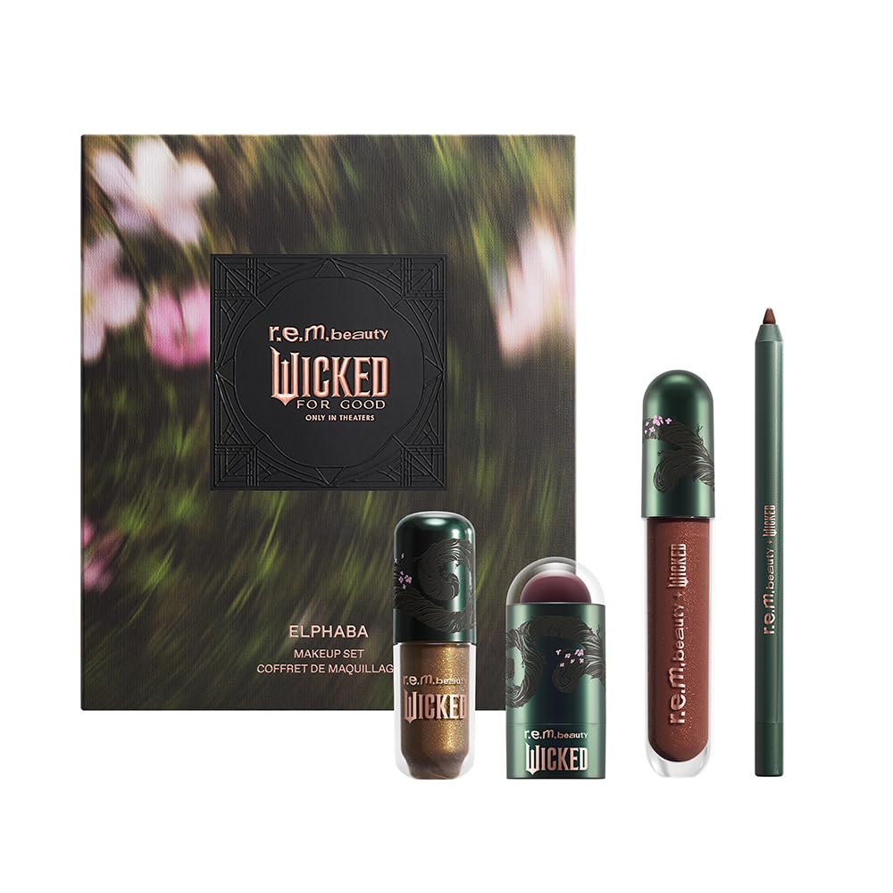 r.e.m. beauty by Ariana Grande Wicked: For Good | Elphaba Makeup Set | Waterpoof Eye Shadow, All Over Glow Stick, Creamy Lip Liner, Glossy Lip Balm | 4 Full Size Products