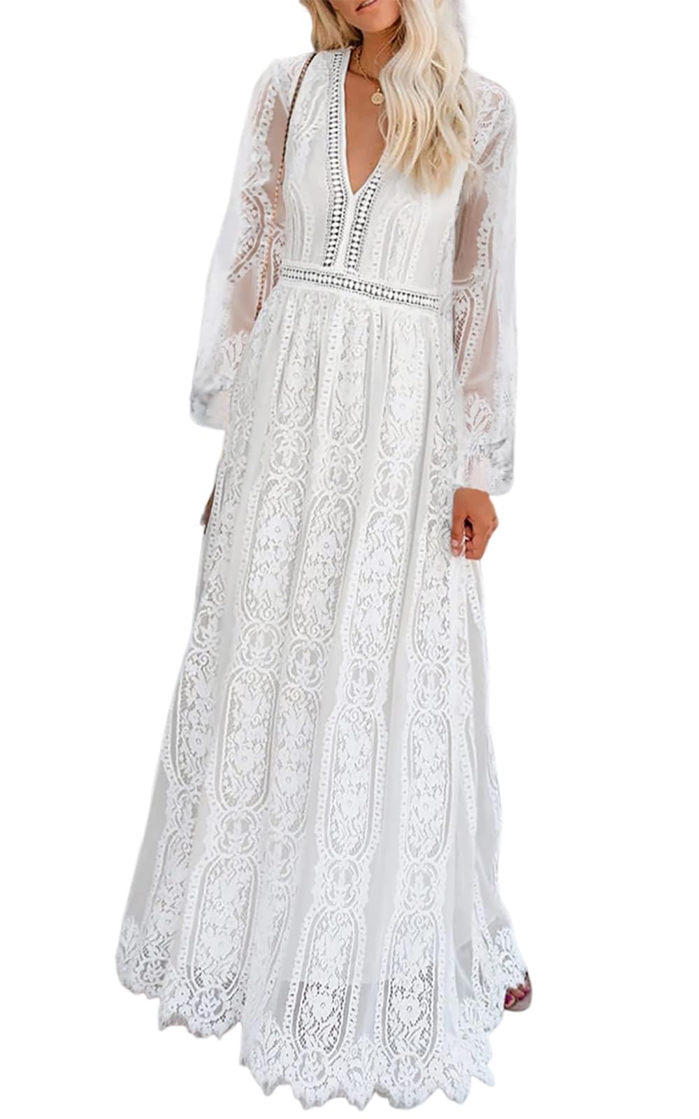 Women's V Neck Long Sleeves White Lace Maxi Wedding Dress Boho Flowy Wedding Guest Formal Party Dress Fall Winter Spring