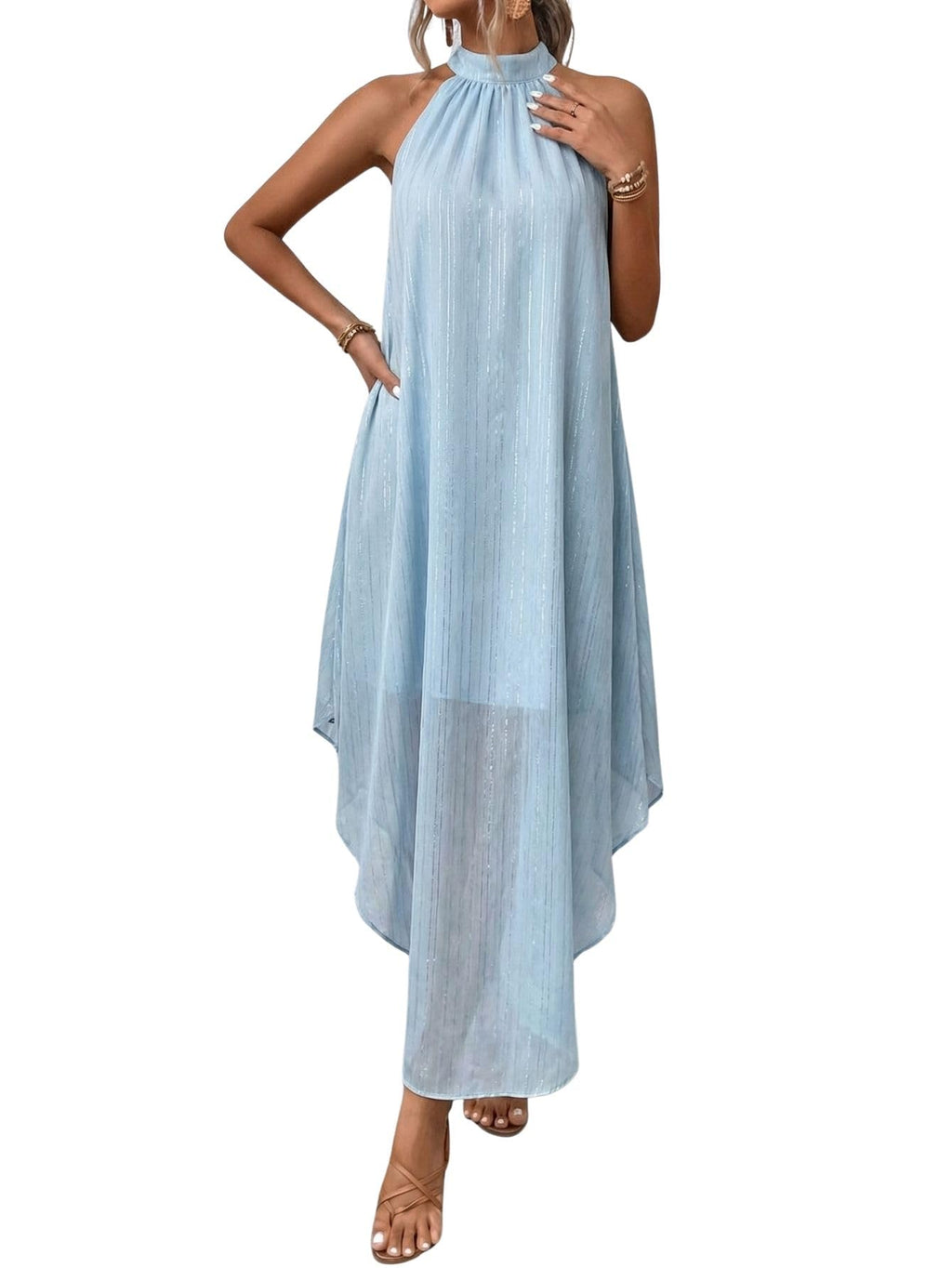 Verdusa Women's Wedding Guest Dress Halter Flowy Chiffon Asymmetrical Long Summer Prom Dress Sequin Light Blue X-Large