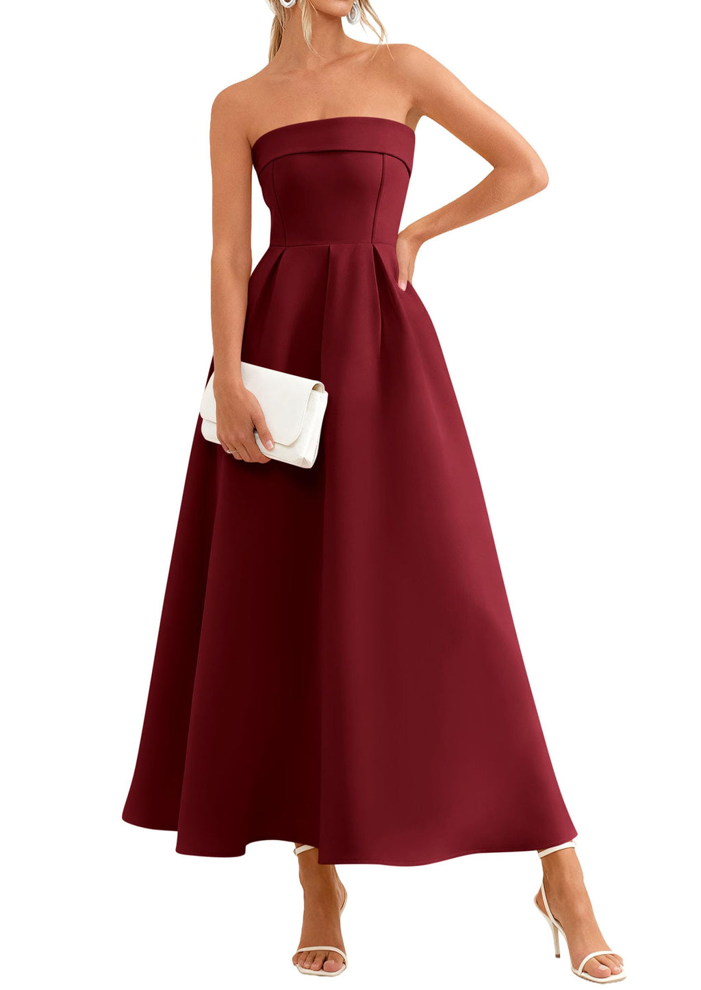 PRETTYGARDEN Cocktail Dresses for Women 2026 Summer Formal Elegant Tube Top Strapless Spring Wedding Guest Party Midi Dress(Burgundy,Medium)