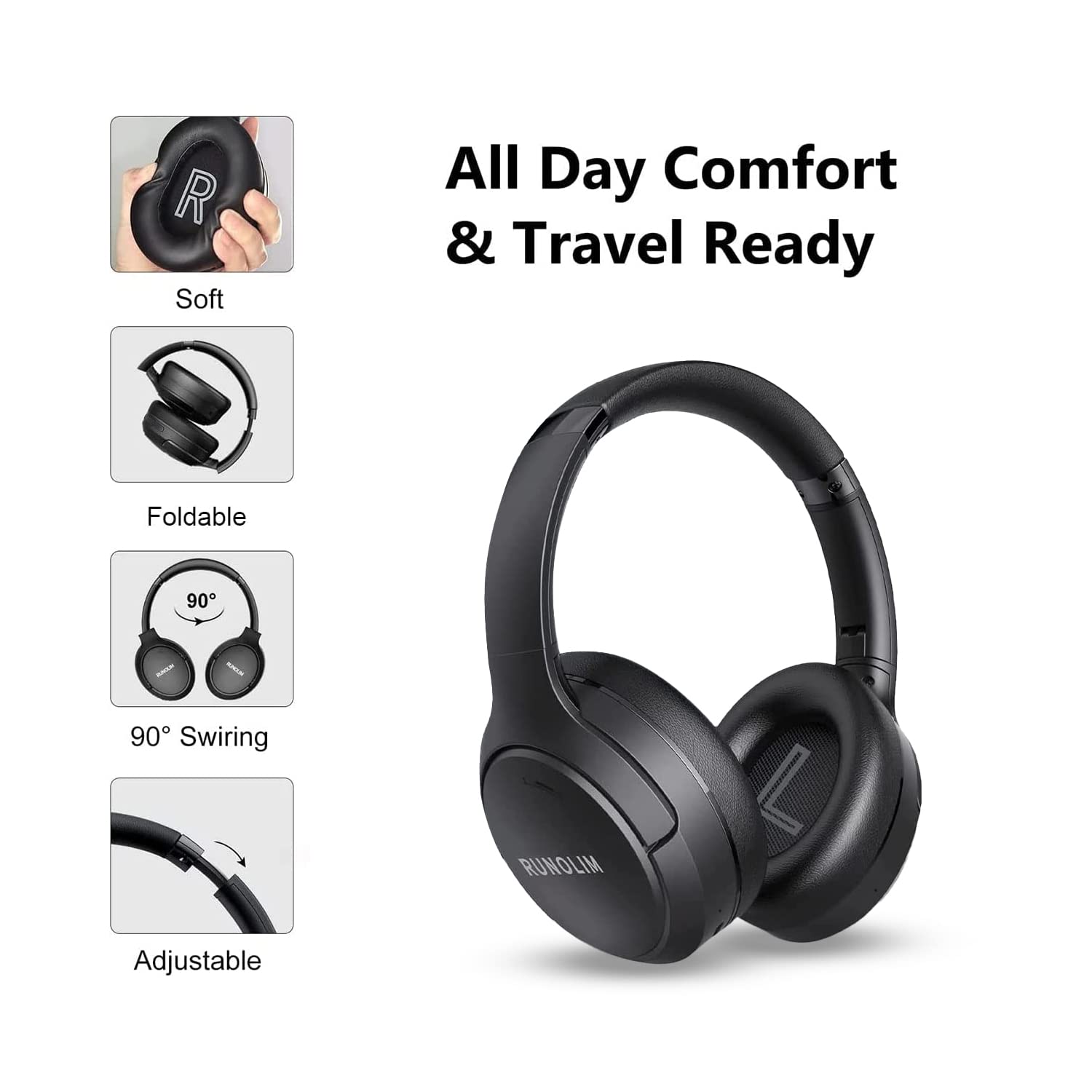 RUNOLIM Hybrid Active Noise Cancelling Headphones, Wireless Over Ear Bluetooth Headphones with Microphone, 70H Playtime, Foldable Headphone with HiFi Audio, Deep Bass for Home Travel Office