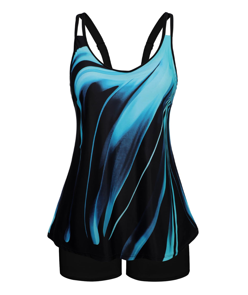 Plus Size Tankini Sun Protect Long Torso Tankini Sets Swimsuits for Women Blue Oblique Stripes Swimsuit 20W
