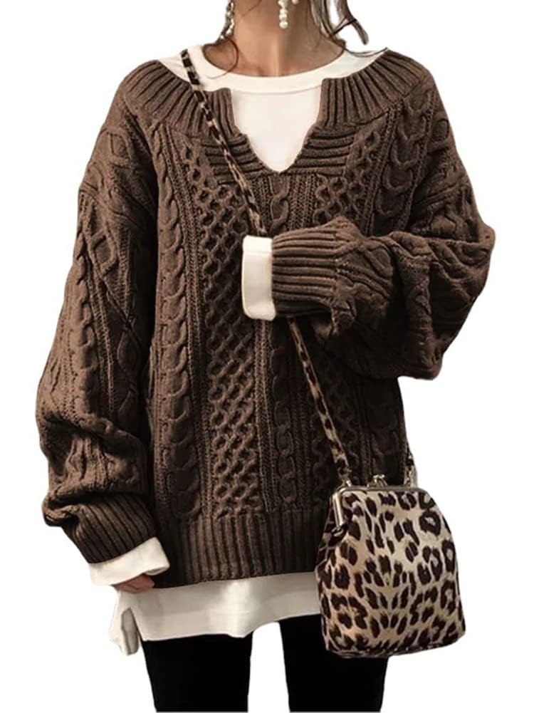 chouyatou Women's Winter Chunky V Neck Long Sleeve Loose Cable Knit Sweater Pullover (Large, Brown)