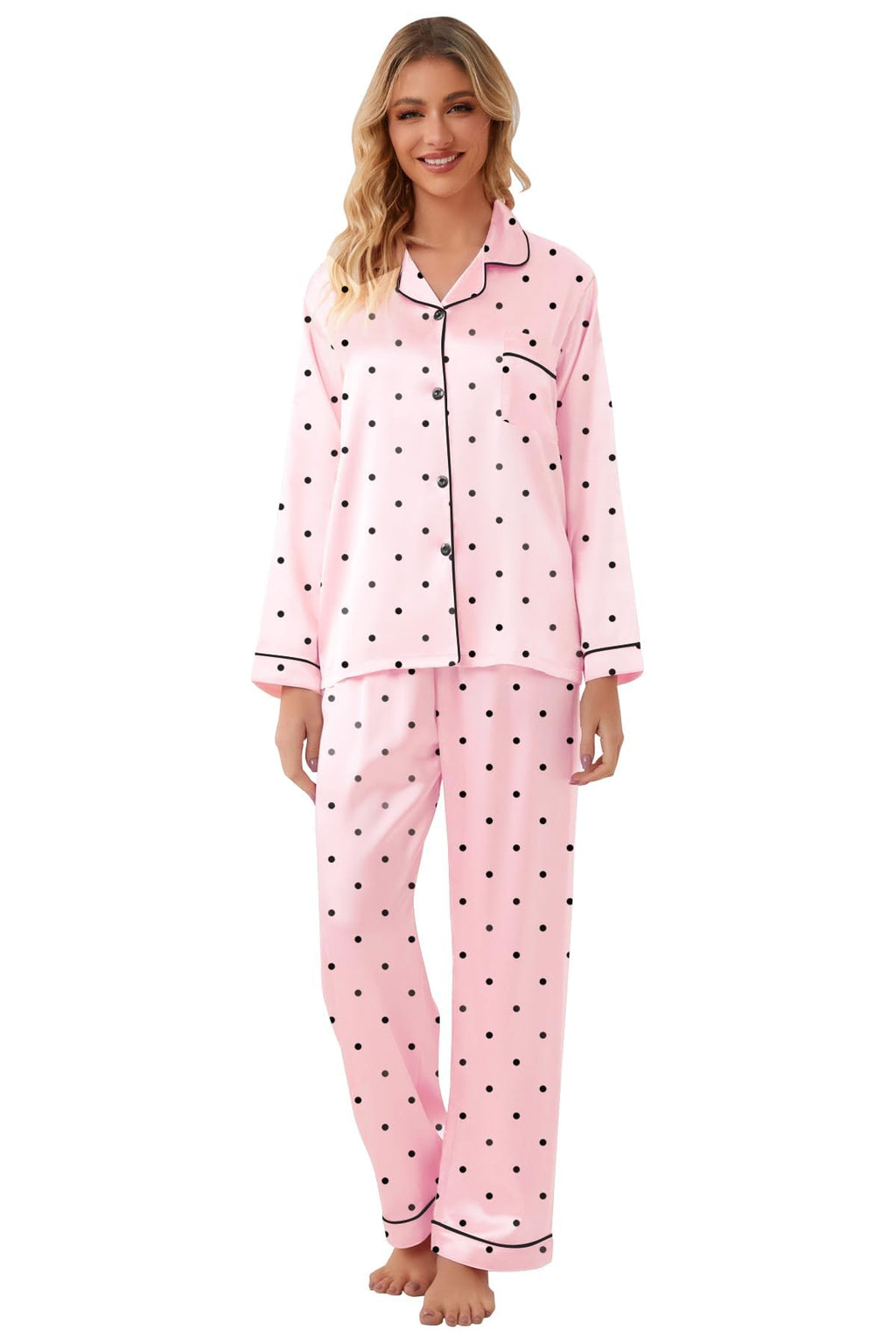 Schbbbta Silk Satin Pajamas for Girls Womens Loungewear Two-Piece Sleepwear Button-Down Pj Set, T - Pink Polka Dots, 5-6 Years = Tag 130