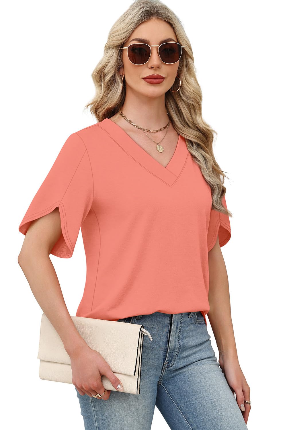 WIHOLL Plus Size Spring Break Essentials Summer Tops Short Sleeve Shirts V Neck Flowy Tops and Blouses Dressy Casual Fahion Clothing Coral XXL